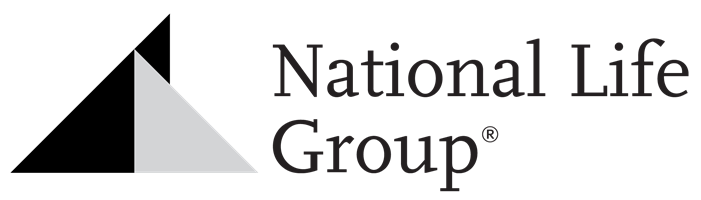 Logo of National Life Group: abstract geometric shape with black and grey triangles, text to the right.