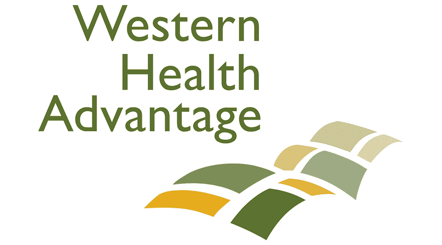 Western Health Advantage logo: green text over stylized rolling hills, various greens and gold.