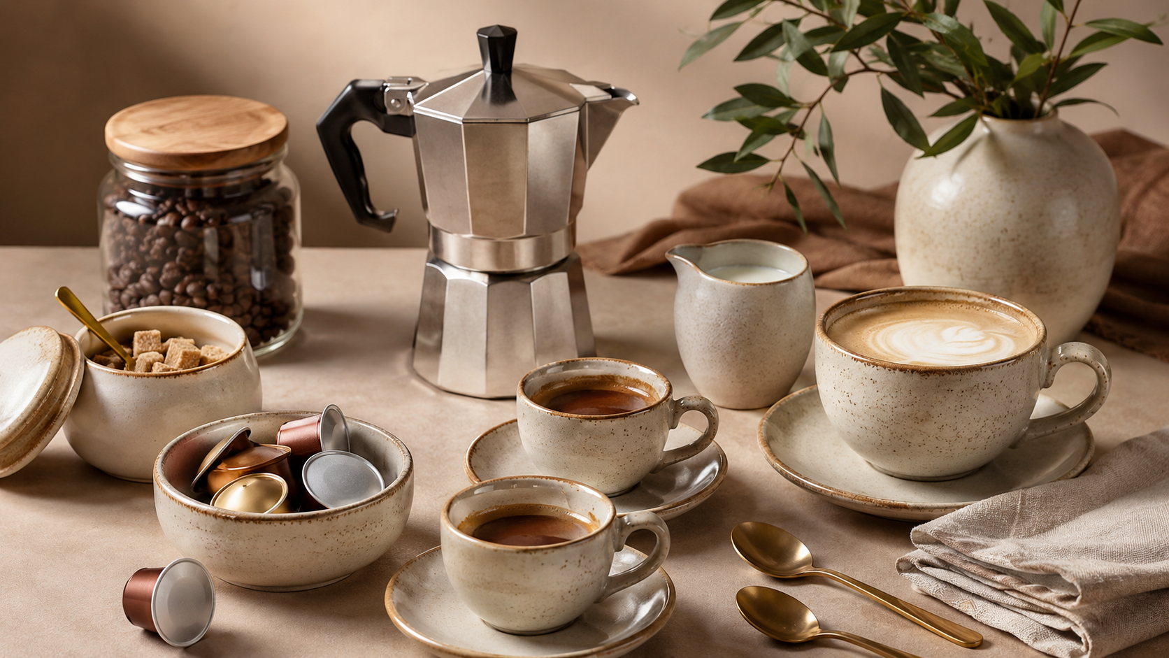 Set da caffè su un tavolo con caffettiera moka, tazze, biscotti e una pianta in una luce calda