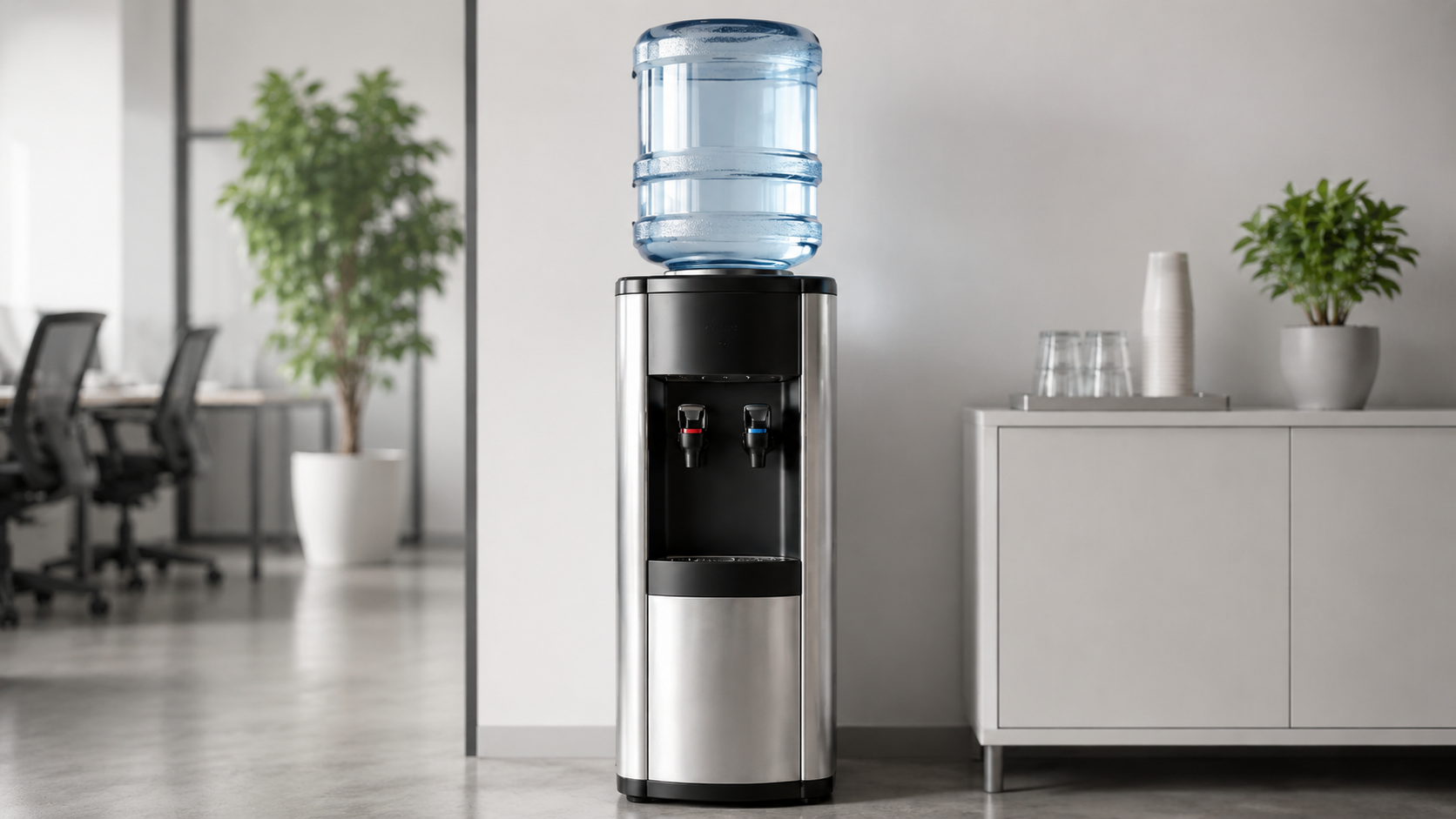 Distributore d'acqua in acciaio inox con grande caraffa blu in una moderna sala relax d'ufficio.
