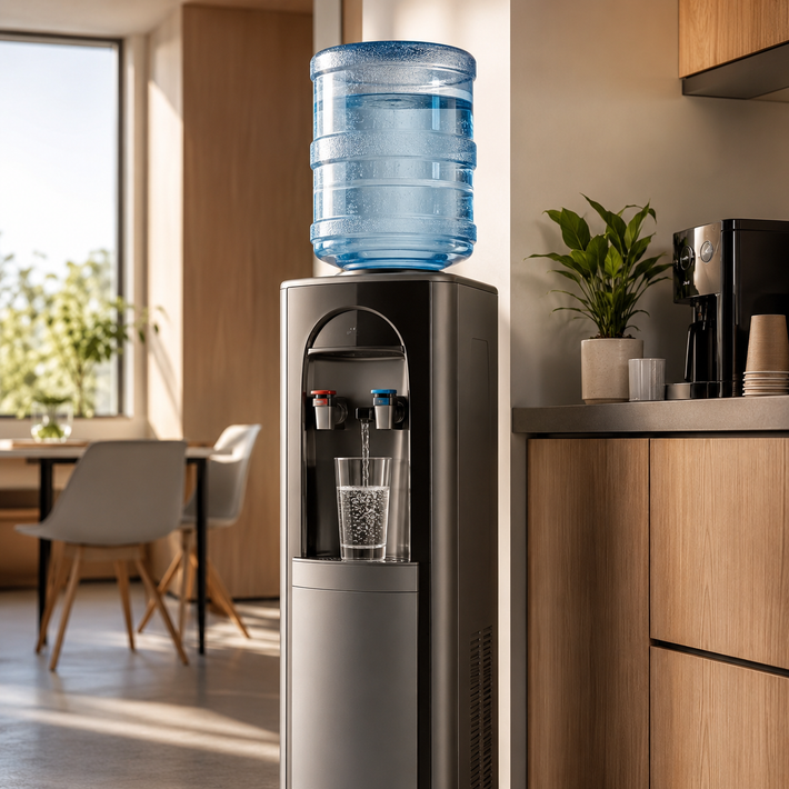 Distributore d'acqua in una cucina moderna con una grande brocca blu sopra.