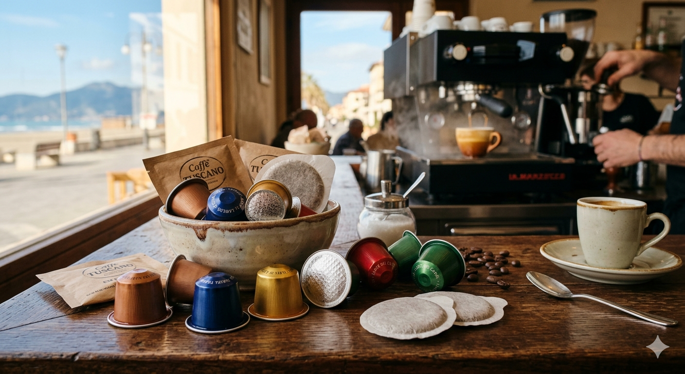Tavolino da caffetteria con tazze da caffè, ornamenti d'argento, cioccolatini incartati e un cestino di uova decorative.