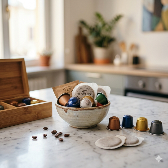 Capsule e tazze di caffè su un bancone della cucina, accanto a una scatola di legno aperta e a una ciotola di capsule.