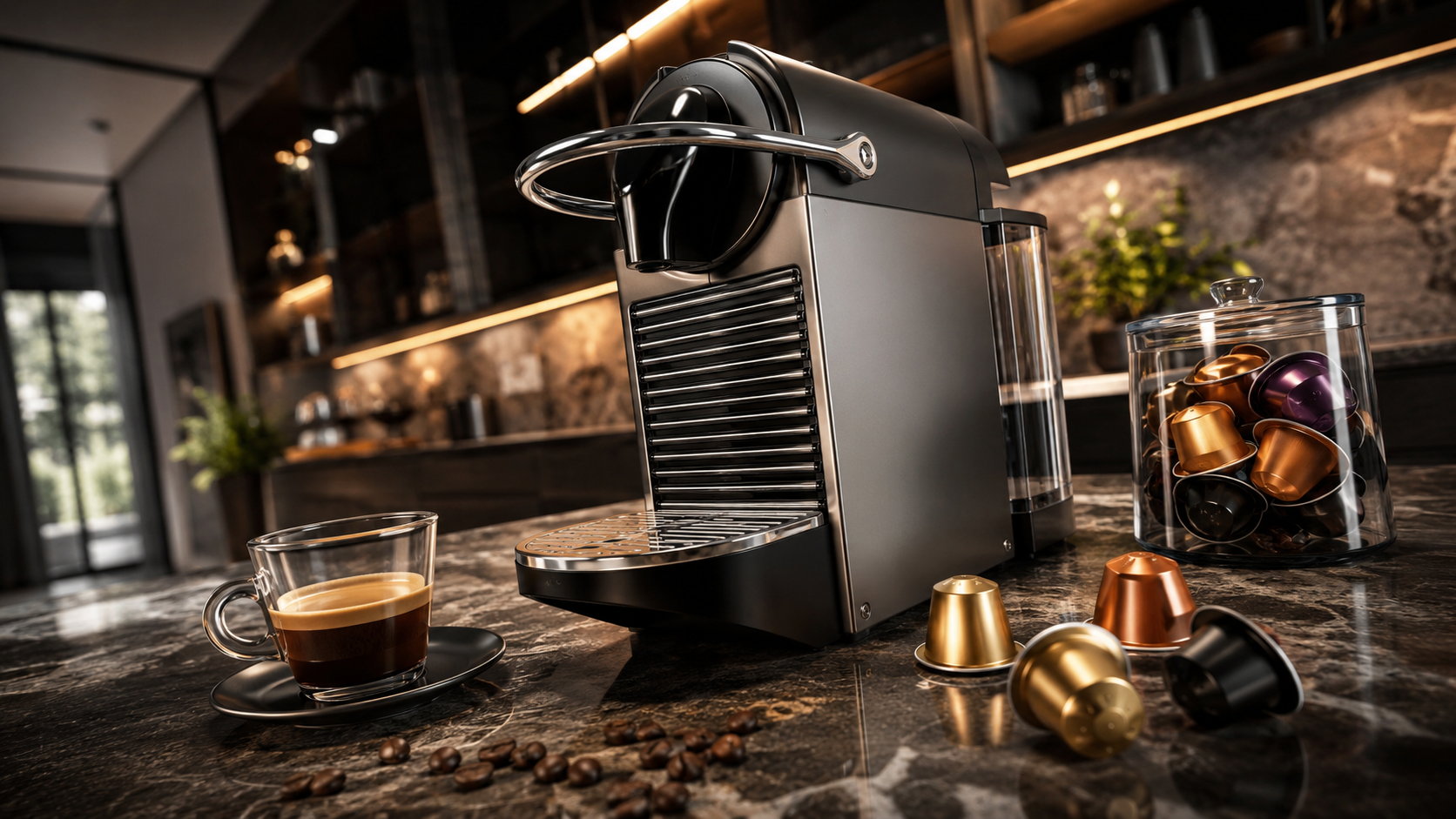 Una moderna macchina per caffè espresso sul bancone della cucina, con una tazza di caffè e diverse capsule di espresso nelle vicinanze.