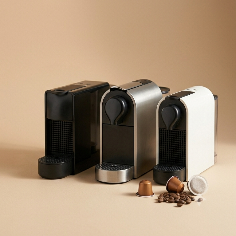 Tre eleganti macchine da caffè nei colori nero, argento e bianco, con capsule e chicchi di caffè su una superficie beige.