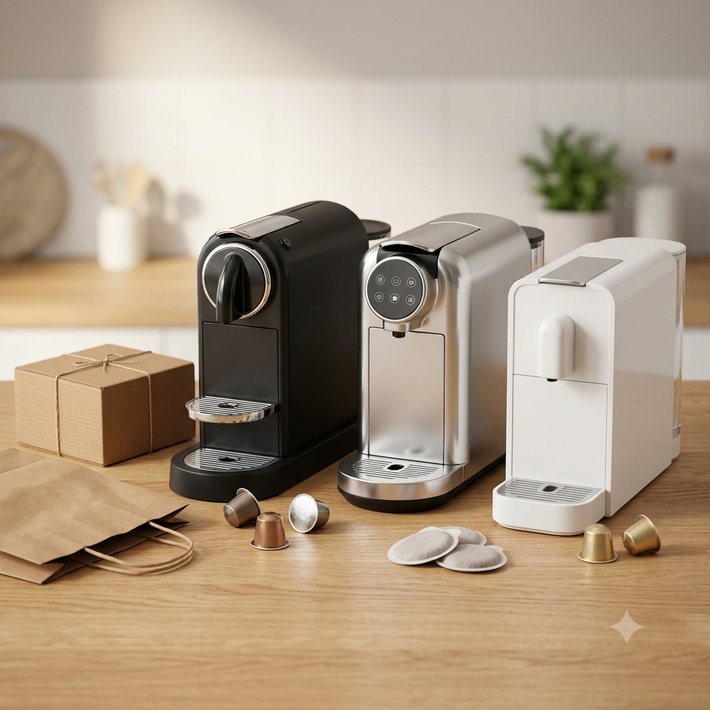 Tre macchine da caffè compatte su un bancone di legno con tazze, scatole e chicchi di caffè in una cucina luminosa