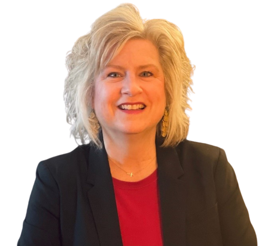 A woman wearing a black jacket and a red shirt is smiling.