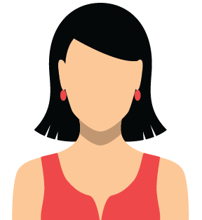 A woman with short black hair and red earrings is wearing a red tank top.