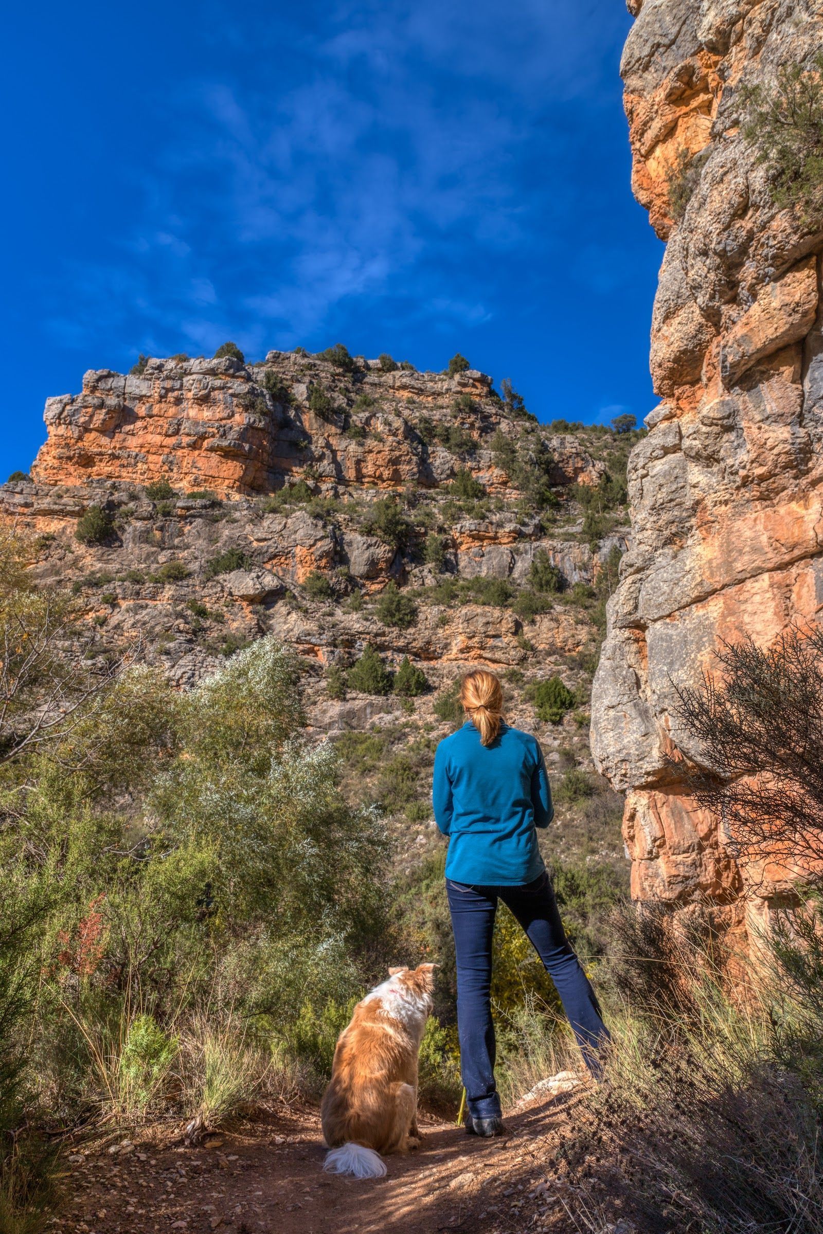 Hiker and dog on a Sedona red rock trail under blue sky