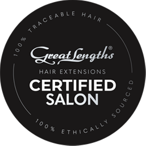 Black circular badge: Great Lengths hair extensions, certified salon, traceable and ethically sourced.