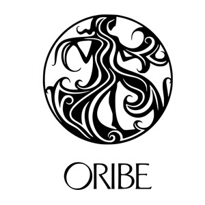 Oribe logo: a black and white stylized circle design with ornate, flowing shapes around the word 