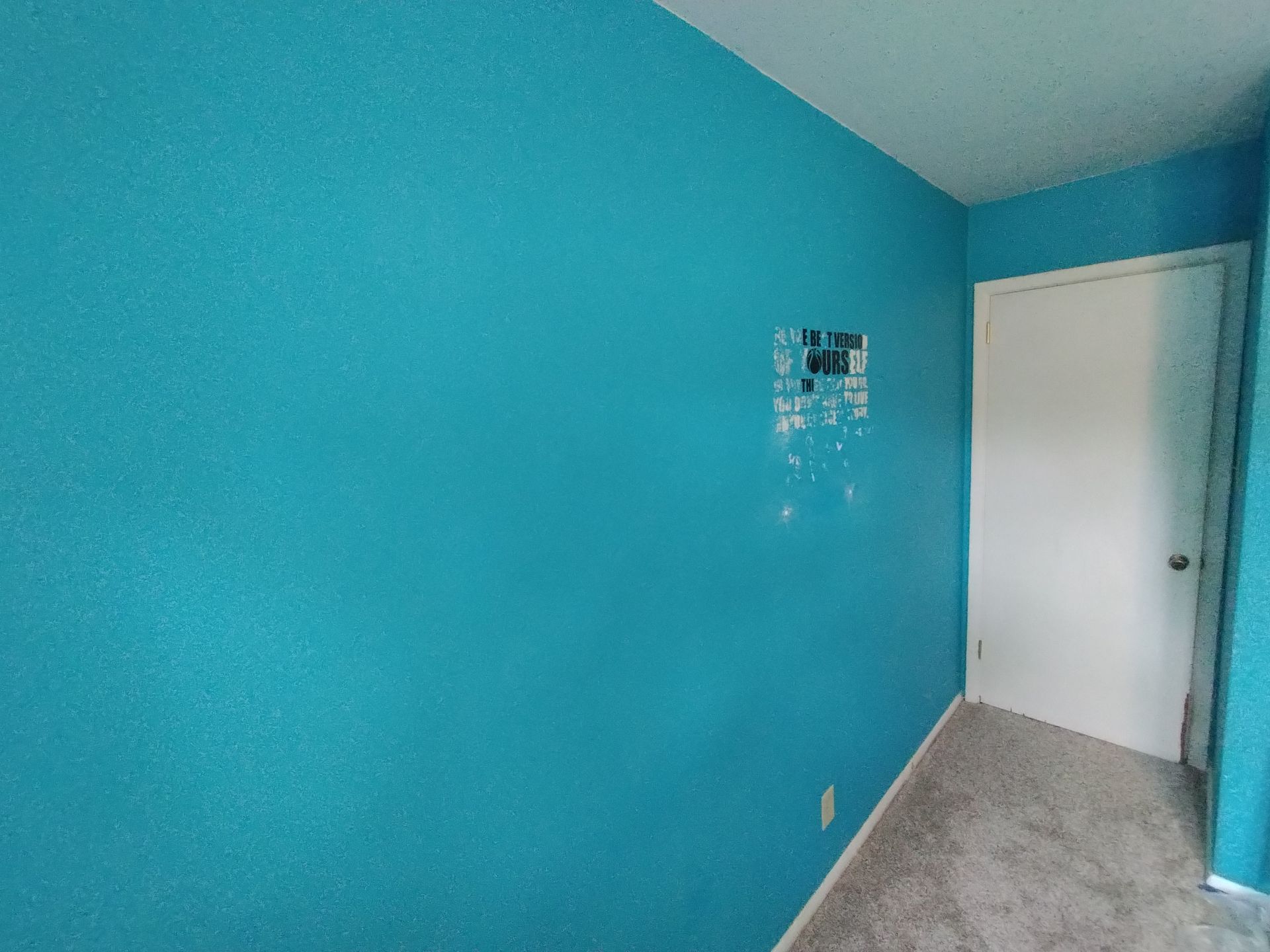 Blue wall with a white door and partially visible, blurry print.