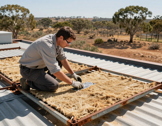Technician cleaning evaporative cooling pads on a rural rooftop