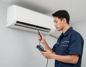 Technician diagnosing an air conditioner fault