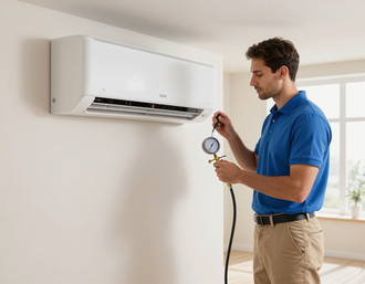 Split system air conditioner being pressure-tested indoors