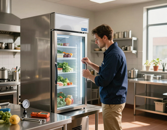 Technician preparing a commercial refrigeration unit for summer trade