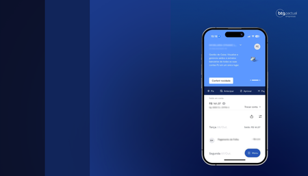 Interface de aplicativo para smartphone em fundo gradiente azul, exibindo detalhes da conta e botões de navegação.