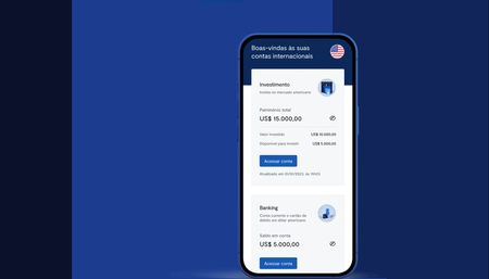 Interface de aplicativo para celular com fundo azul exibindo informações de conta financeira.
