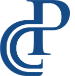 A dark blue monogram logo featuring an intertwined letter C and P.