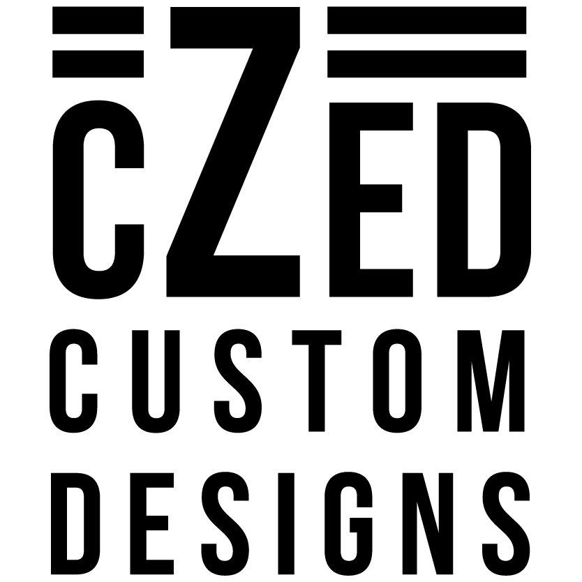 A black and white logo for czed custom designs.