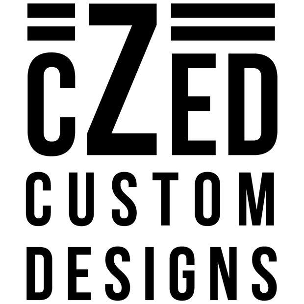 A black and white logo for czed custom designs.
