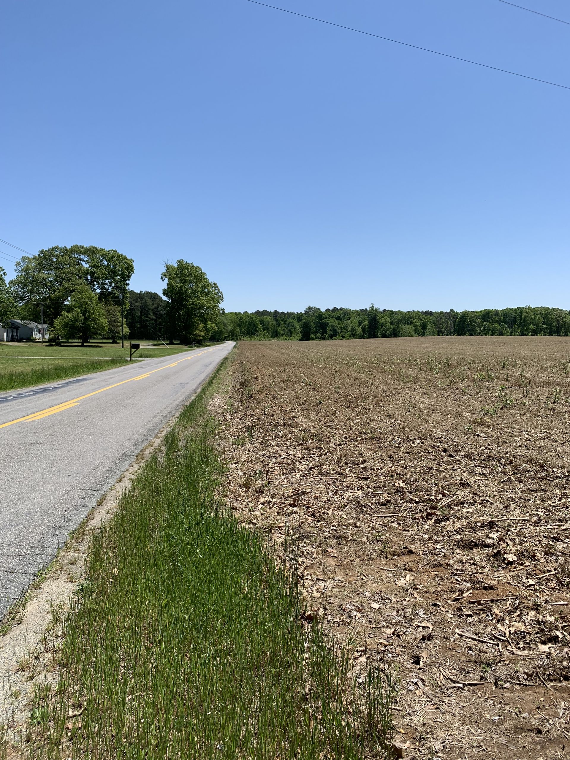 Gravel road next to a field with brown dirt and green grass. Trees and a blue sky are in the background.