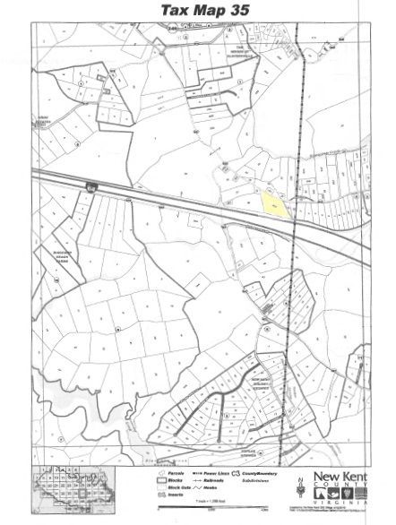 Tax map 35 of New Kent County, Virginia. Shows land parcels and road with a highlighted yellow area.