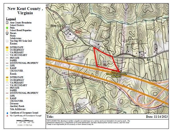 Map of New Kent County, Virginia, with a red outline highlighting a parcel of land near a road and contour lines.