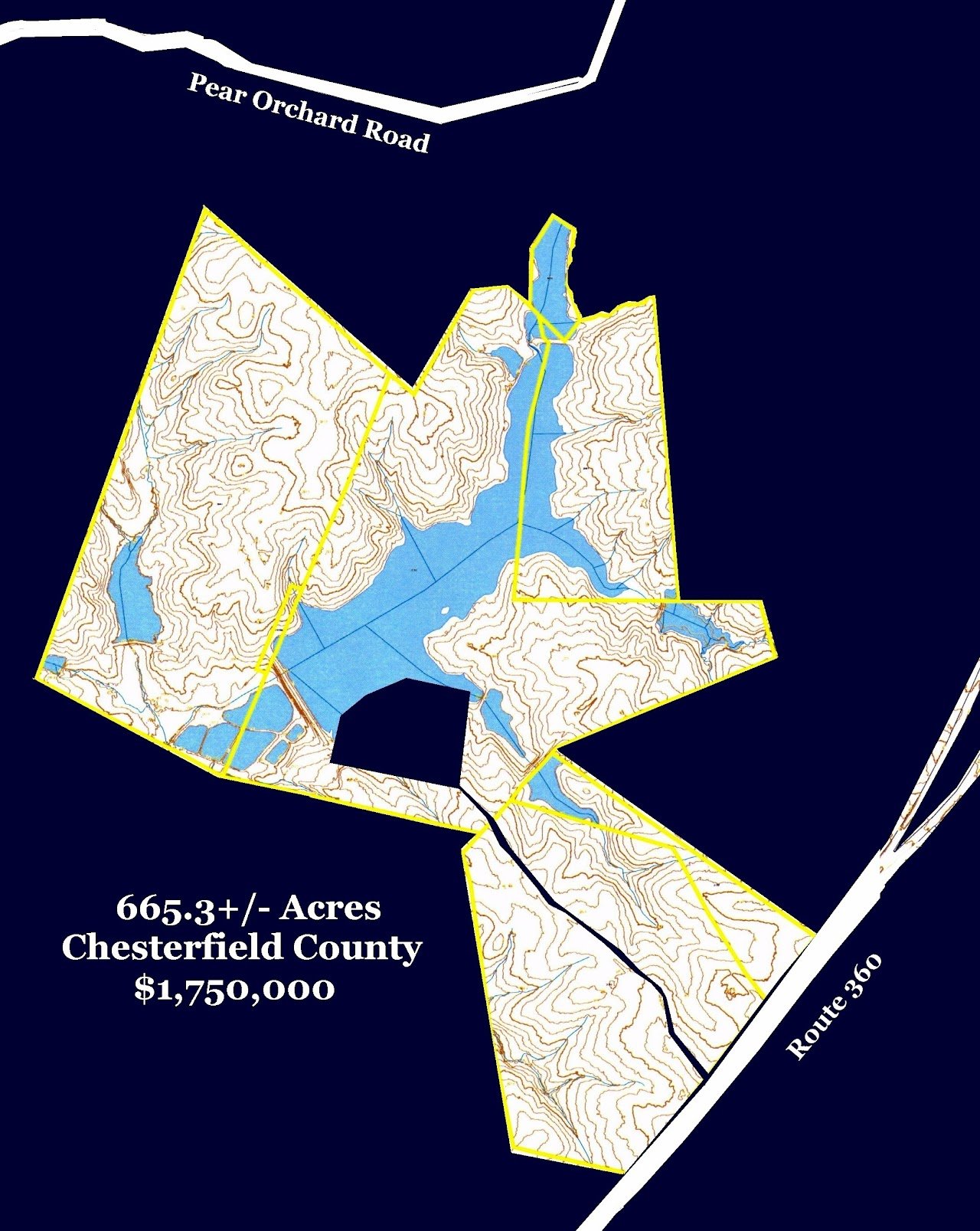 Map of 665.3 +/- acres in Chesterfield County. Includes a lake, roads, and yellow property boundaries.