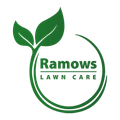 A logo for ramows lawn care with two green leaves in a circle.