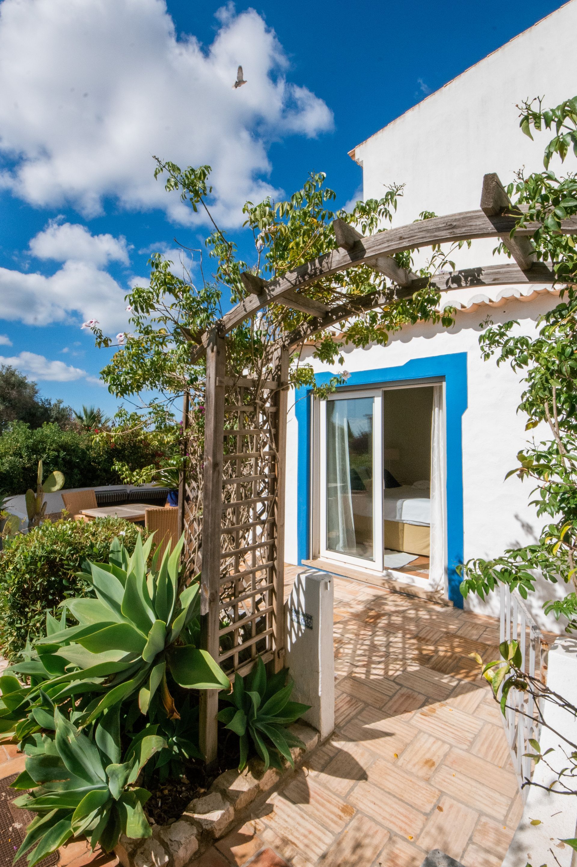 A white house with a blue trim is surrounded by plants and trees.