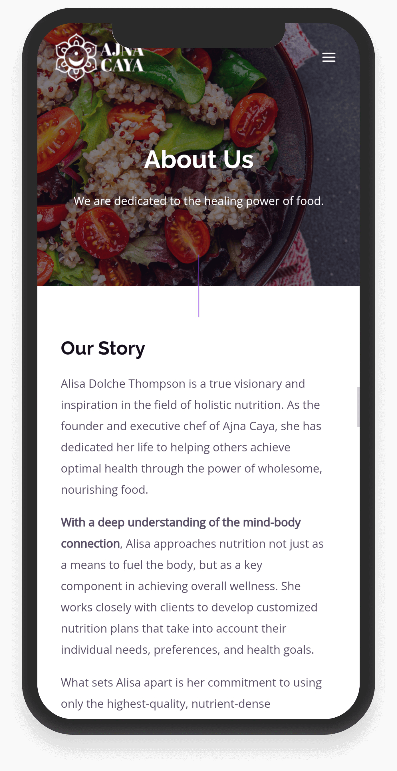 Mobile view of ajnacaya.com about us web page