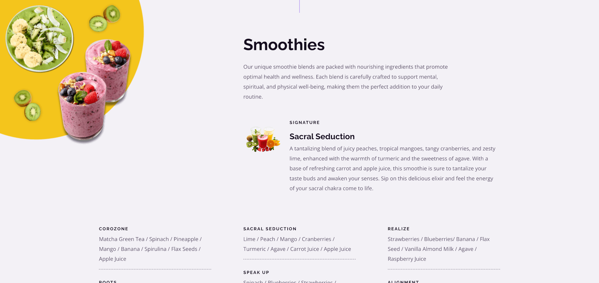Ajna Caya's smoothie menu