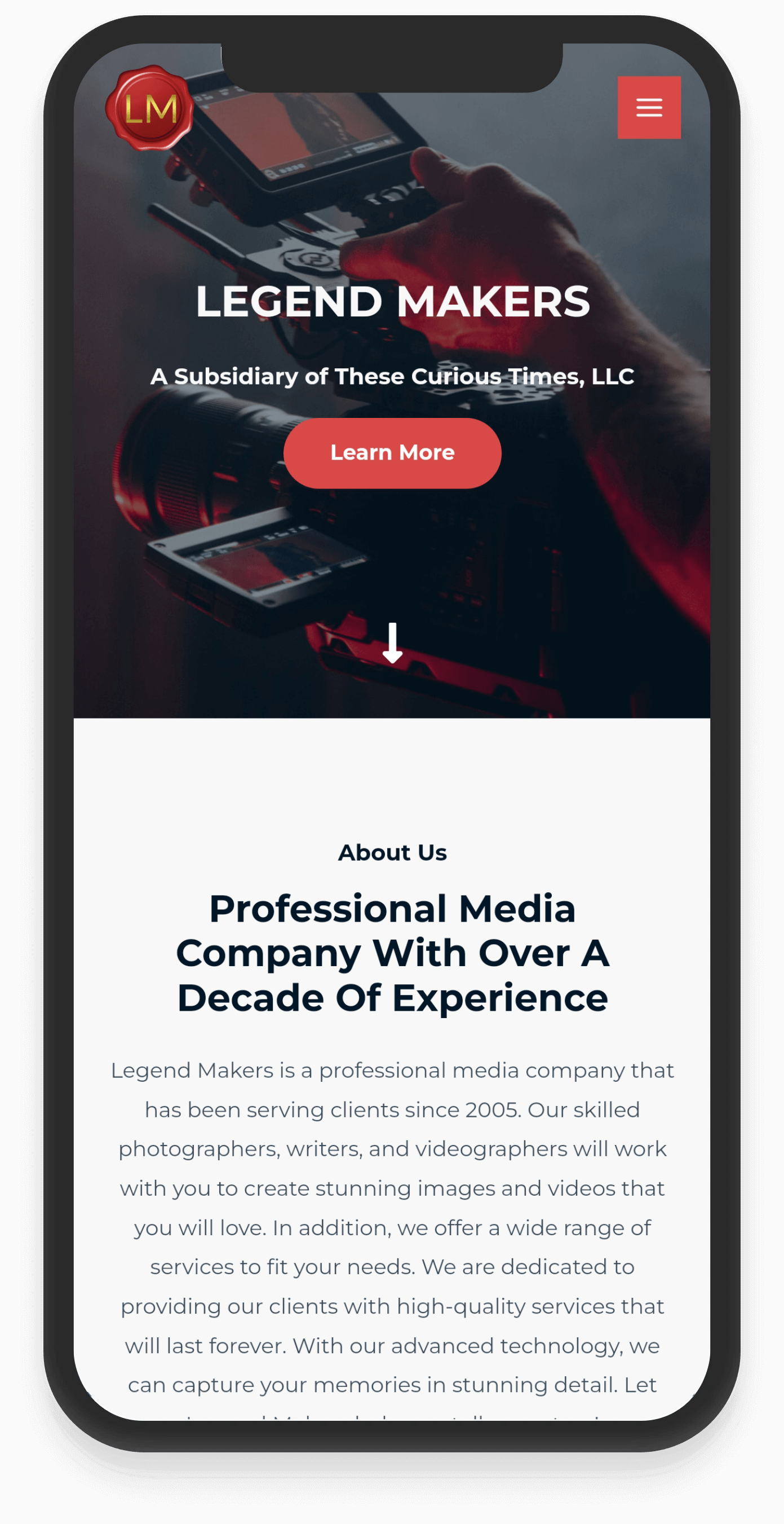 Mobile view of legendmakers.net website homepage