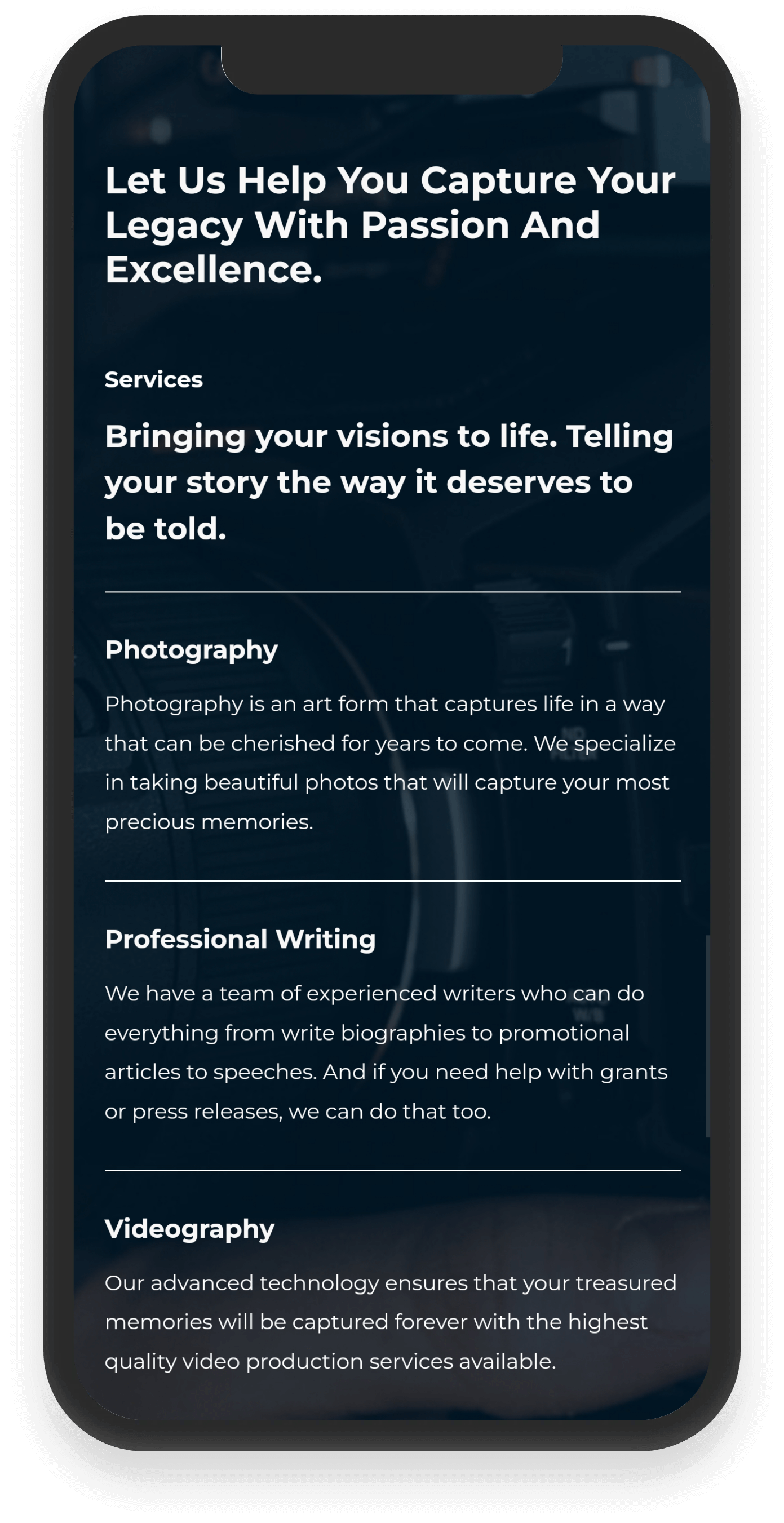 Mobile view of legendmakers.net services web page