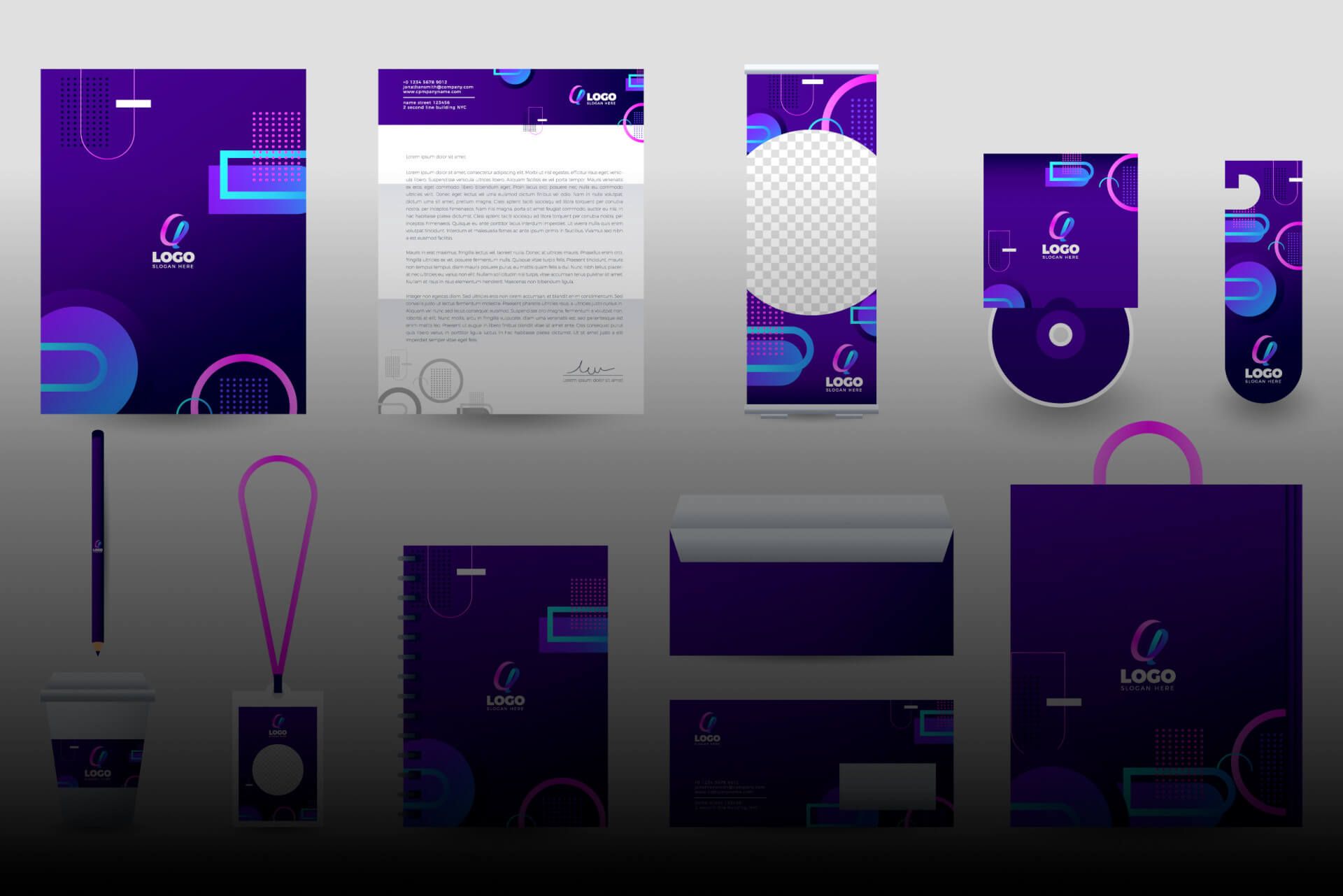 Display of various branded items for business and marketing