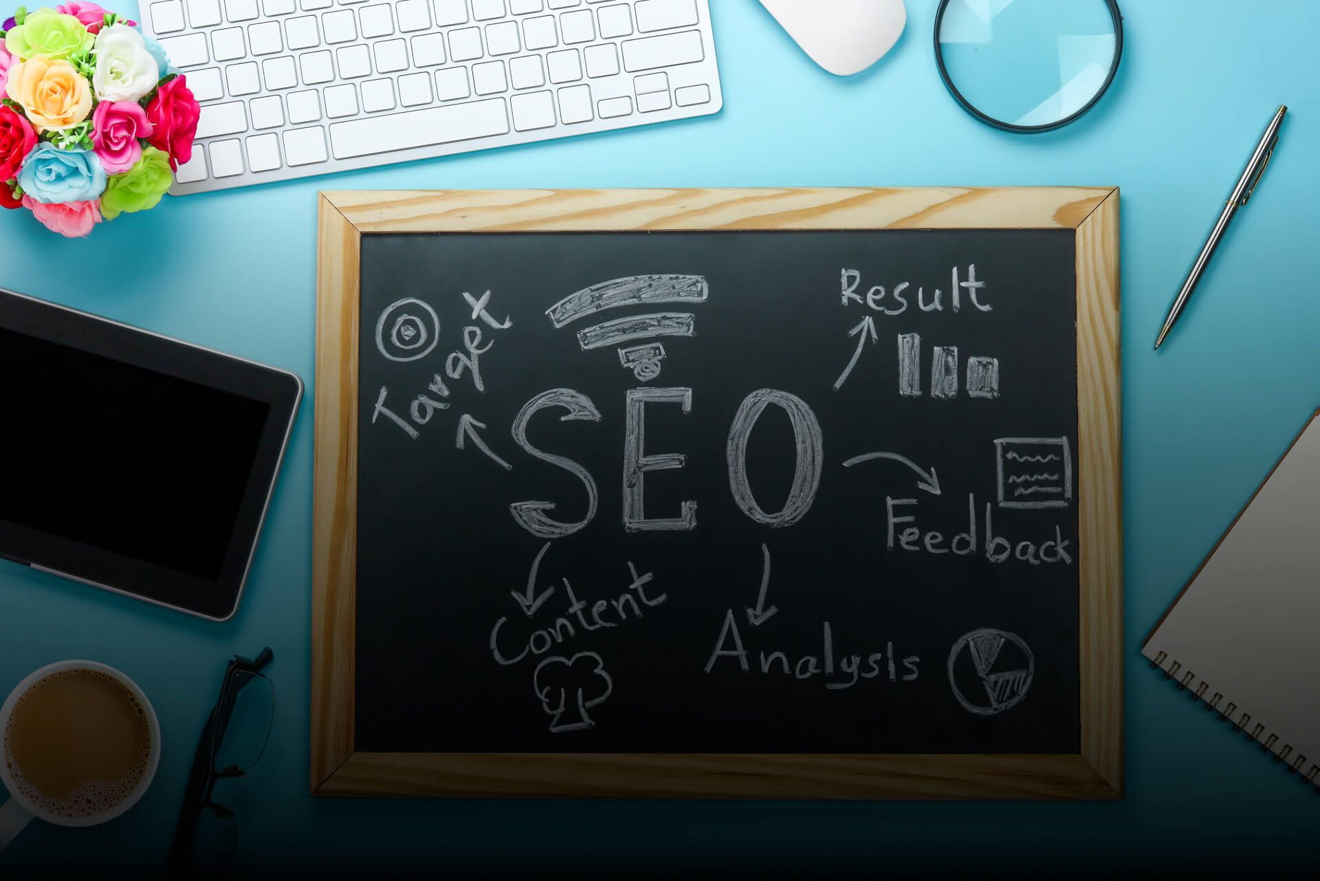 Key SEO factors drawn out on a chalkboard
