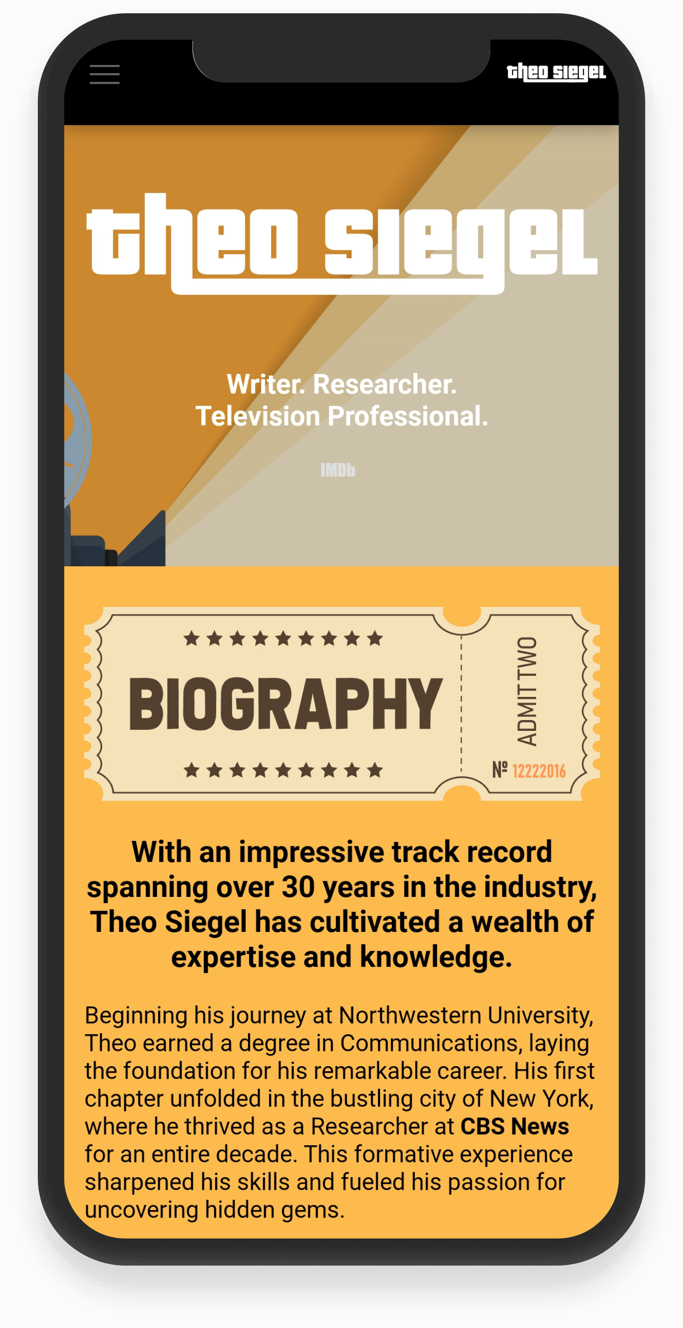 Theo Siegel website mobile view (Designed by Silver Daniels Studios)