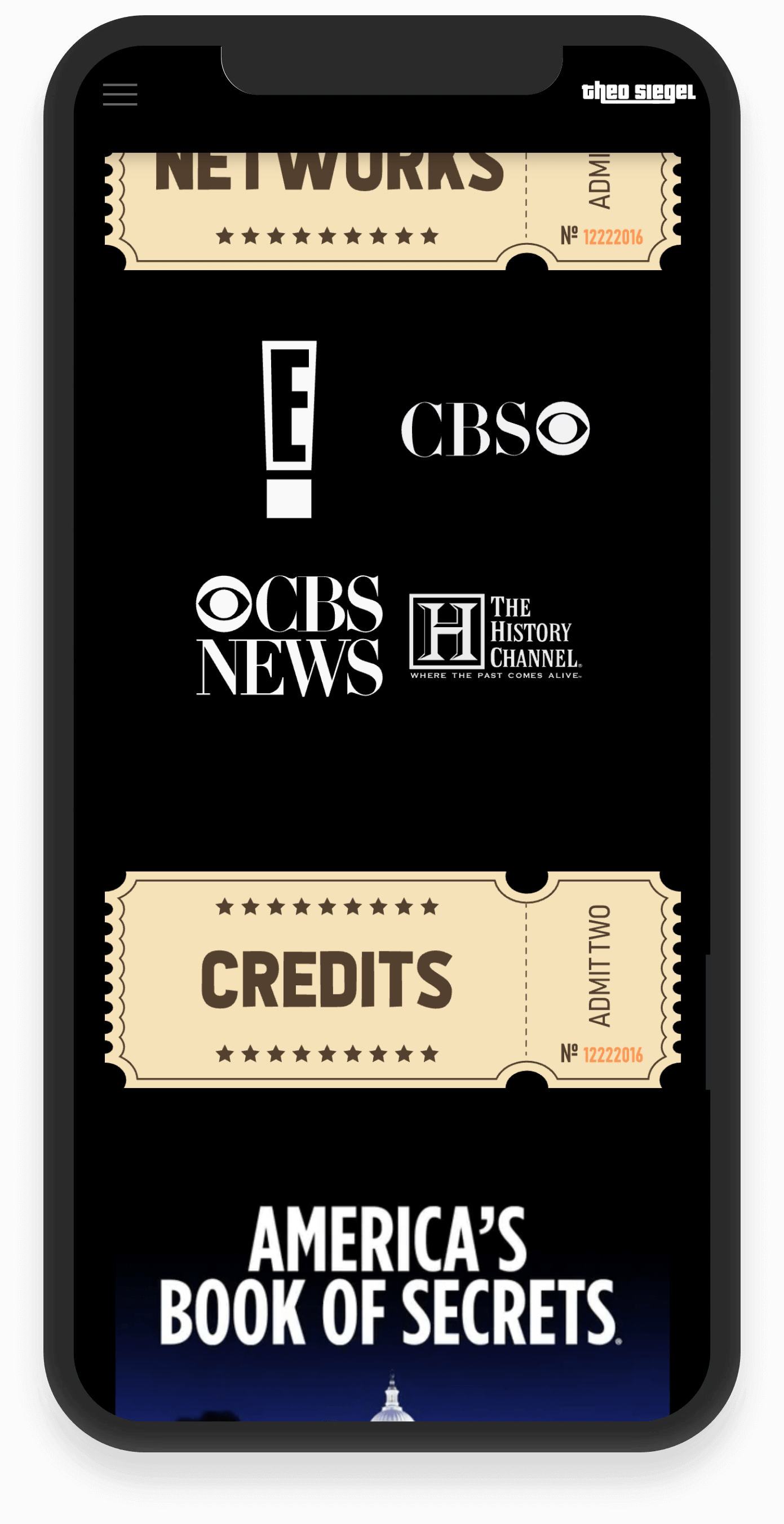 Theo Siegel - Networks & Credits (Designed by Silver Daniels Studios)
