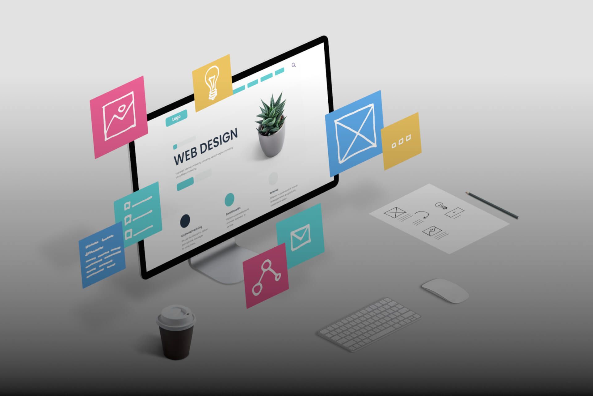 Illustration of web design displayed on desktop monitor