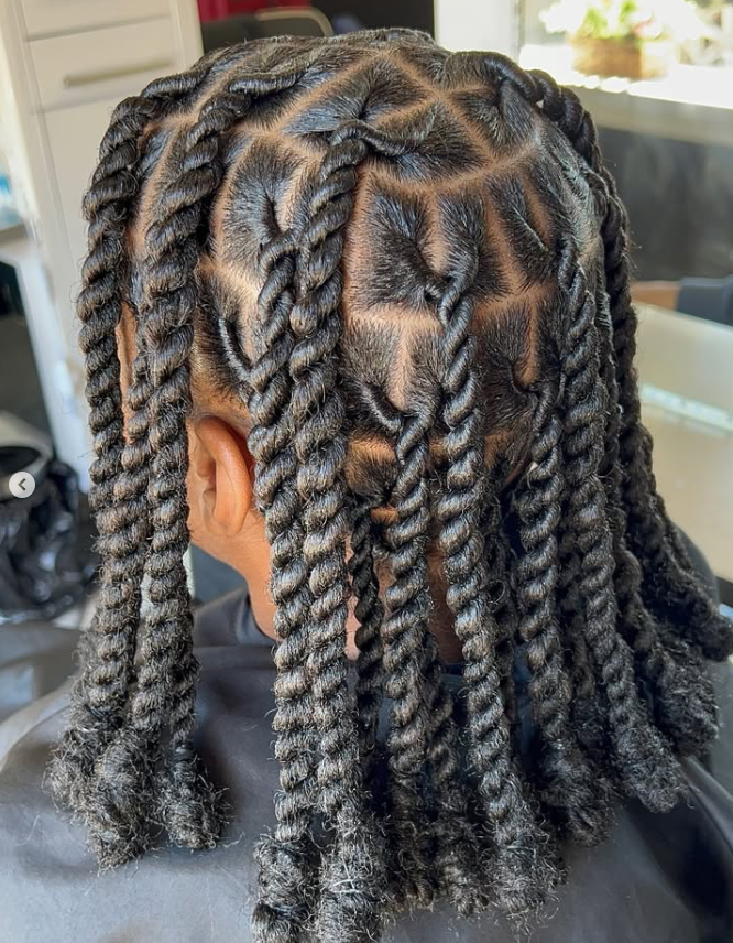 A close-up of hair styled in thick, uniform two-strand twists sectioned into square parts on the scalp.