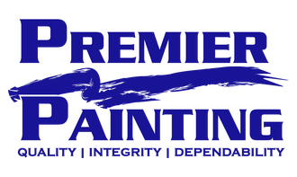 Premier Painting logo in blue and white with brush stroke and tagline: Quality, Integrity, Dependability