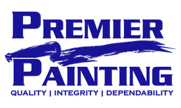 Premier Painting logo in blue and white with brush stroke and tagline: Quality, Integrity, Dependability