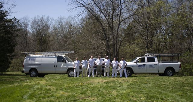 Group in white shirts standing between two pickup trucks on a grassy field with trees in the background
