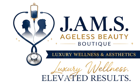 J.A.M.S. Ageless Beauty Boutique logo with blue stethoscope heart and gold wellness text on white background