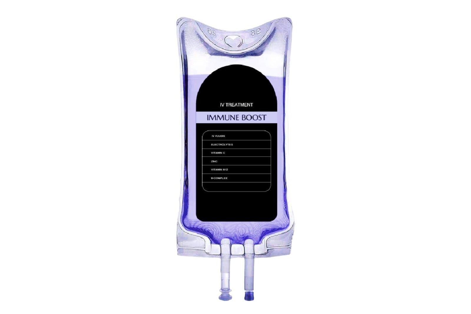 IV bag with a dark central label and purple fluid, hanging with two clear tubes attached
