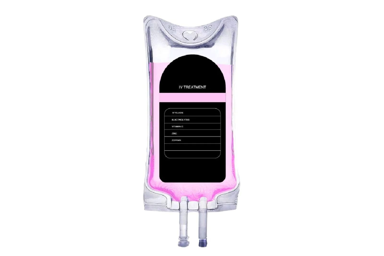 Transparent IV infusion bag with pink liquid and a black label, hanging upright with tubing ports visible