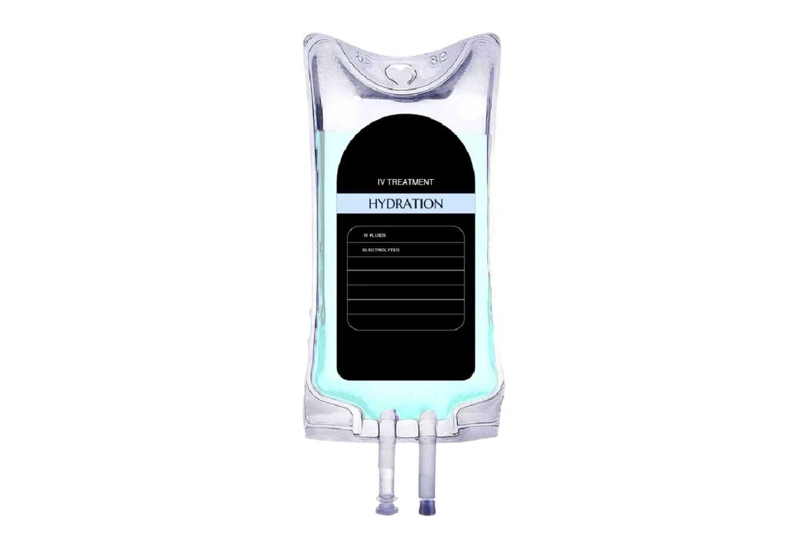 Clear IV drip bag with black label and two drip ports, filled with pale blue liquid
