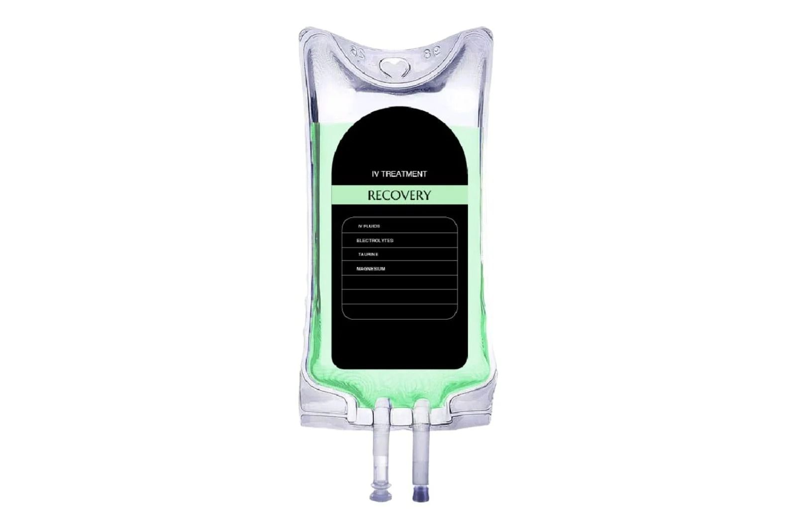 IV blood bag with green fluid and a black label, hanging with two tubes attached