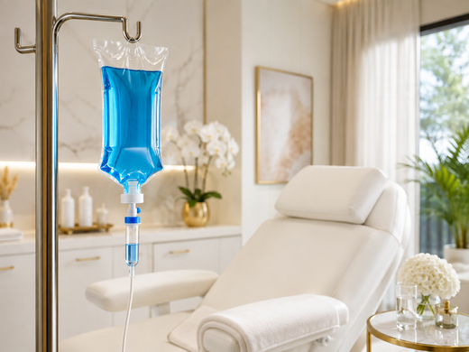 Clear IV drip bag hanging with a white tube against a soft blue background
